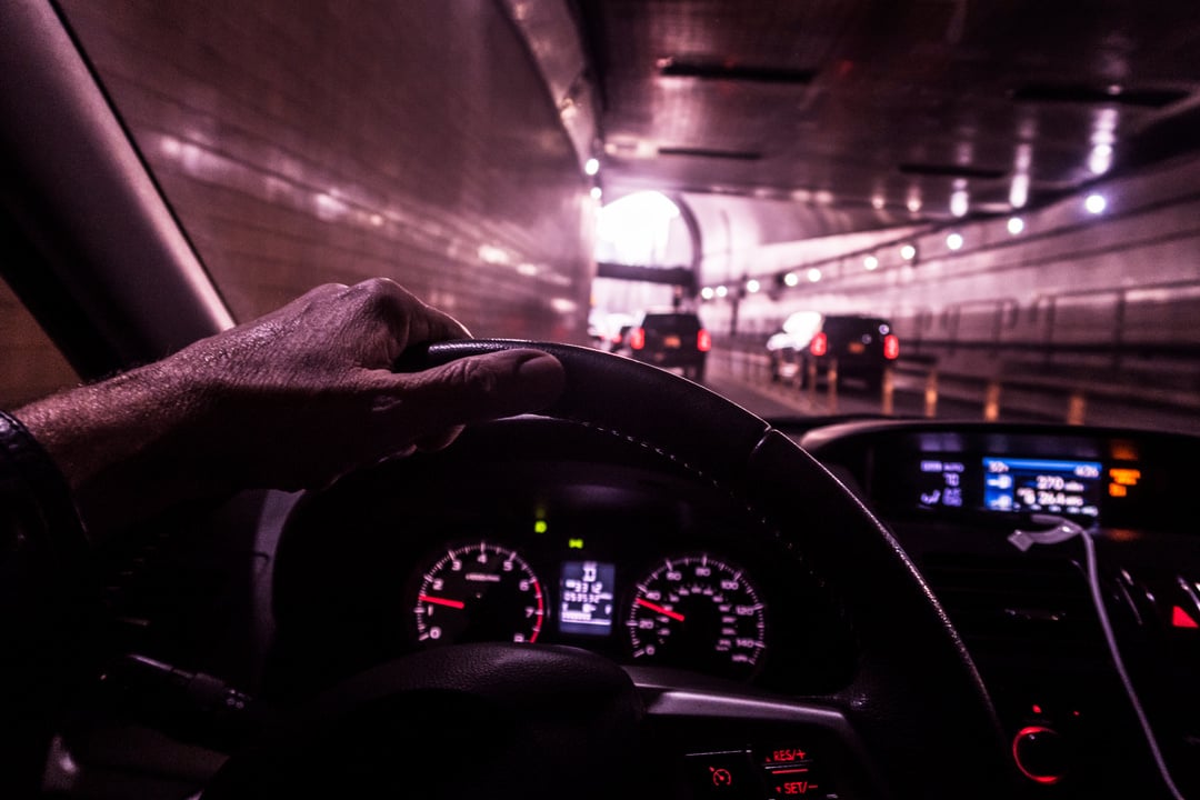 Car Driver POV Following Traffic Exiting Lincoln Tunnel